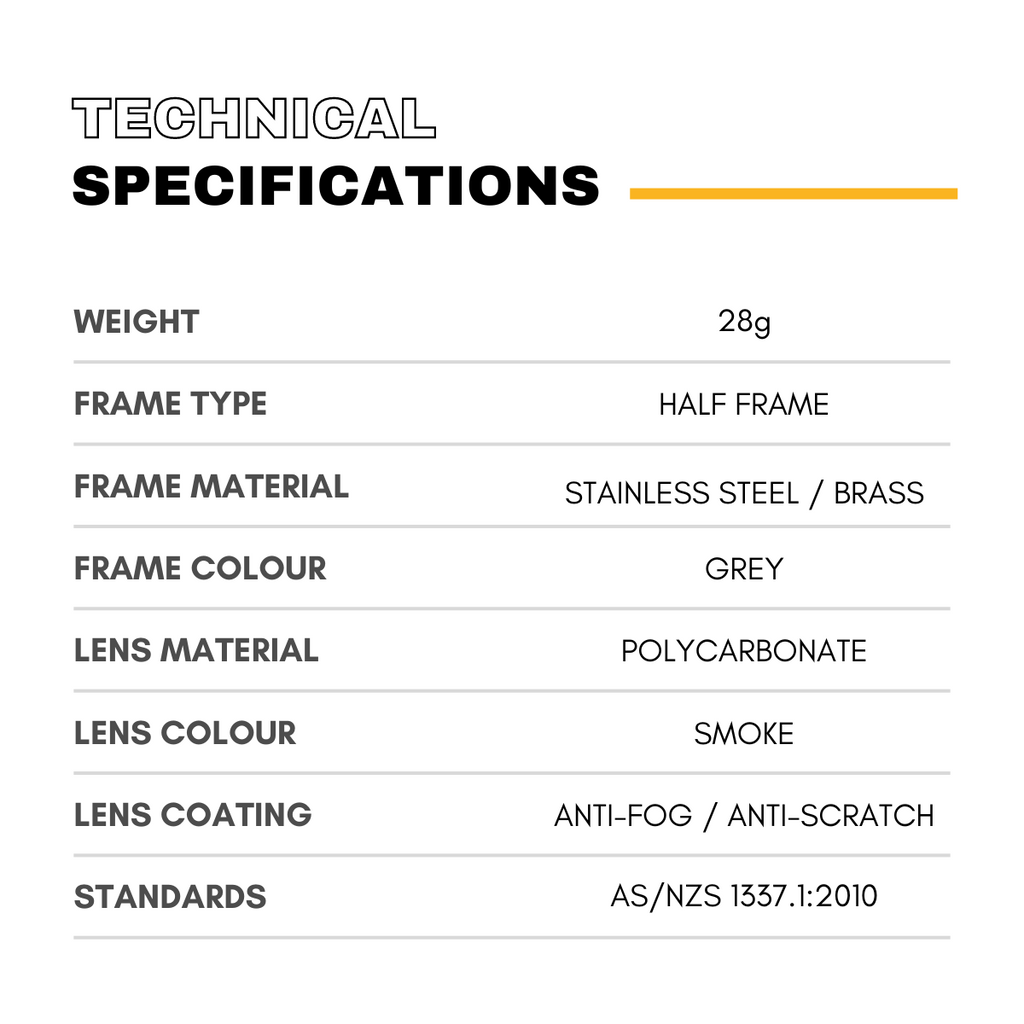 Bollé CONTOUR METAL Smoke Safety Glasses - Technical Specifications